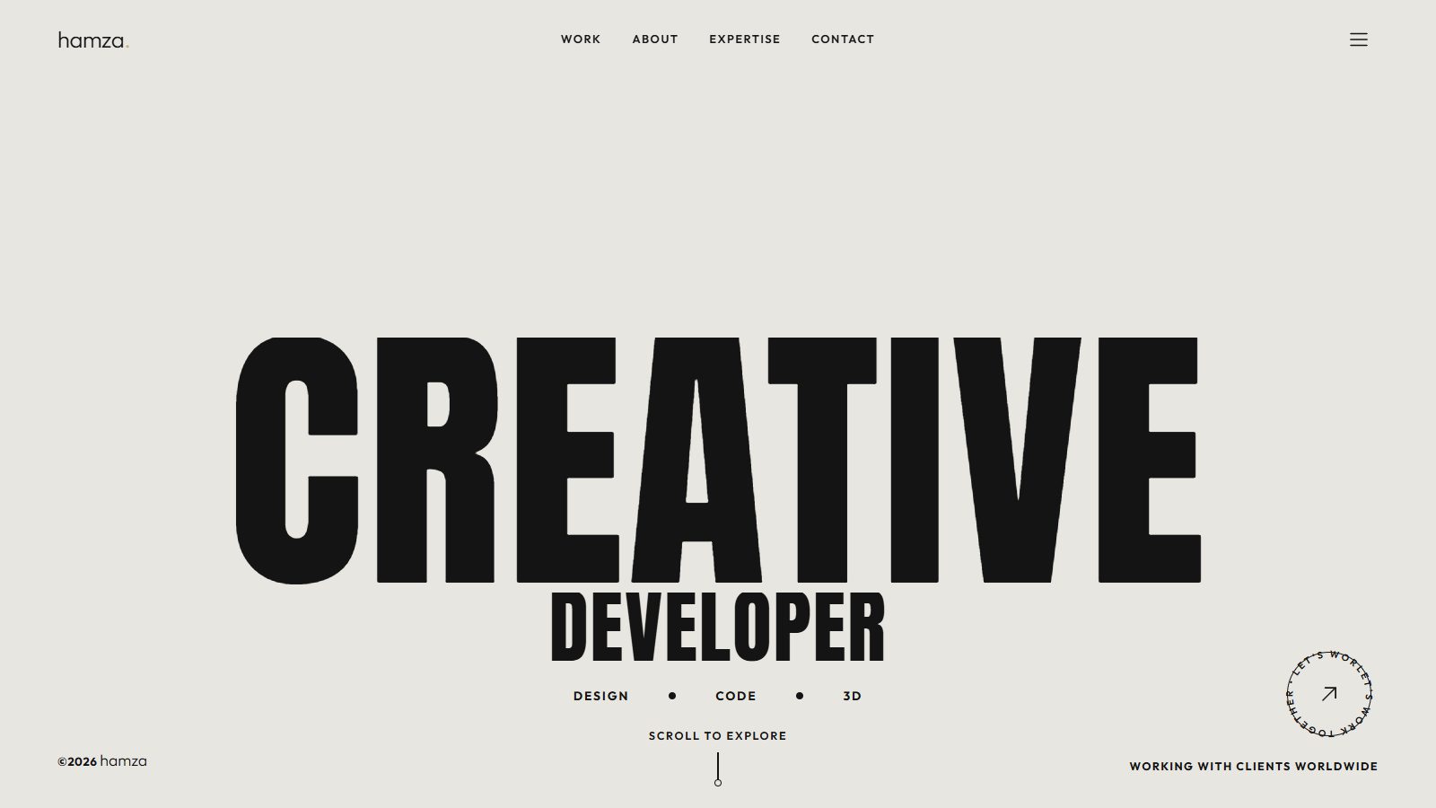 The portfolio's opening screen: the words Creative Developer in giant black letters on a pale background.